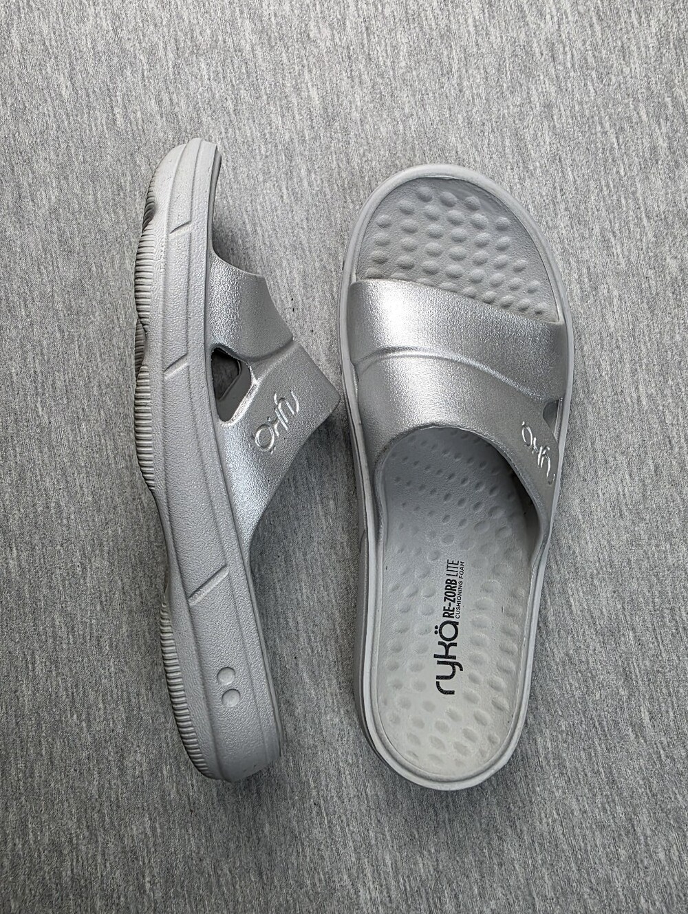 Ryka Metallic Silver Slip-On Slide Sandals for Women Size 9